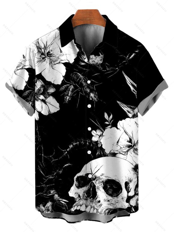 Vacation Gothic Couple Outfit Monochrome Skulls Insects Floral Print Pocket Spaghetti Strap Dress and Shirt Set - Noir S | US 4