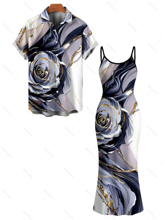 Vacation Couple Outfit Metallic Marble Fluid Rose Floral Print Spaghetti Strap Maxi Bodycon Dress and Shirt Set - Violet clair S | US 4