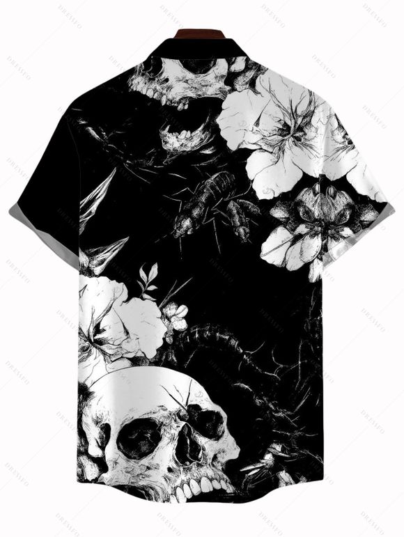 Vacation Gothic Couple Outfit Monochrome Skulls Insects Floral Print Pocket Spaghetti Strap Dress and Shirt Set - Noir S | US 4