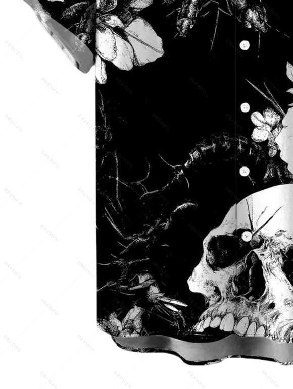 Vacation Gothic Couple Outfit Monochrome Skulls Insects Floral Print Pocket Spaghetti Strap Dress and Shirt Set - Noir S | US 4