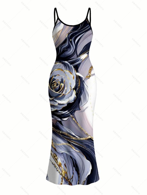 Vacation Couple Outfit Metallic Marble Fluid Rose Floral Print Spaghetti Strap Maxi Bodycon Dress and Shirt Set - Violet clair S | US 4