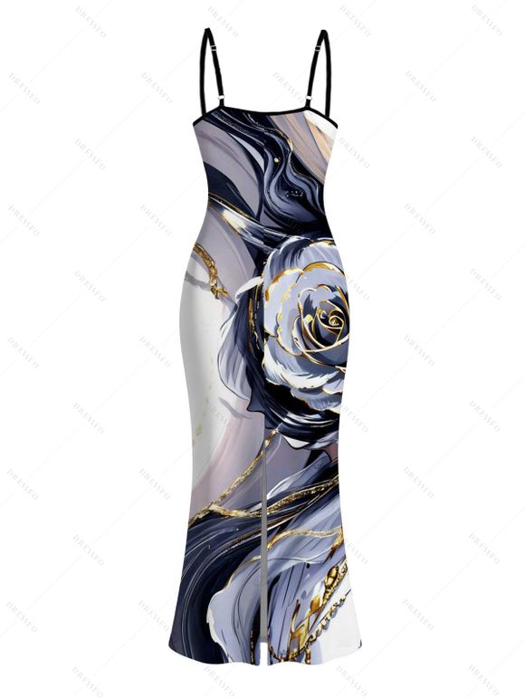 Vacation Couple Outfit Metallic Marble Fluid Rose Floral Print Spaghetti Strap Maxi Bodycon Dress and Shirt Set - Violet clair S | US 4