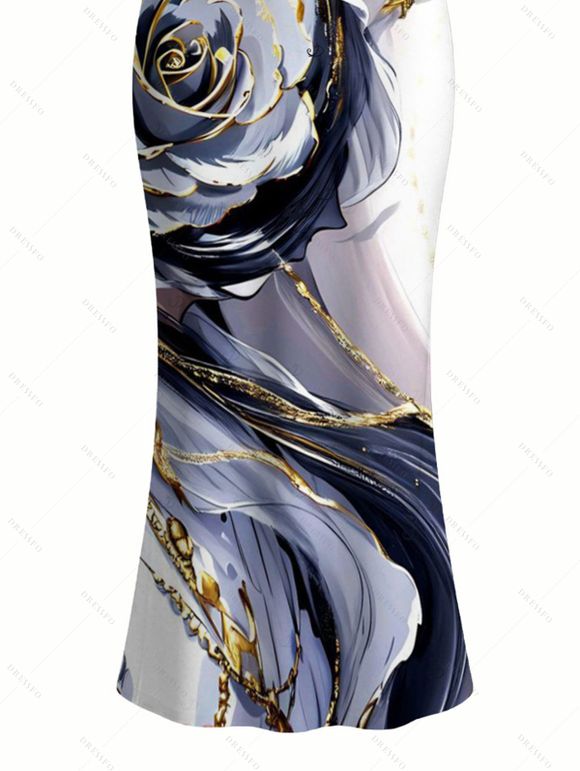 Vacation Couple Outfit Metallic Marble Fluid Rose Floral Print Spaghetti Strap Maxi Bodycon Dress and Shirt Set - Violet clair S | US 4