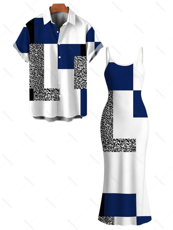 Vacation Couple Outfit Colorblock Leopard Geometric Patchwork Print Spaghetti Strap Maxi Bodycon Dress and Shirt Set - Bleu Marine S | US 4