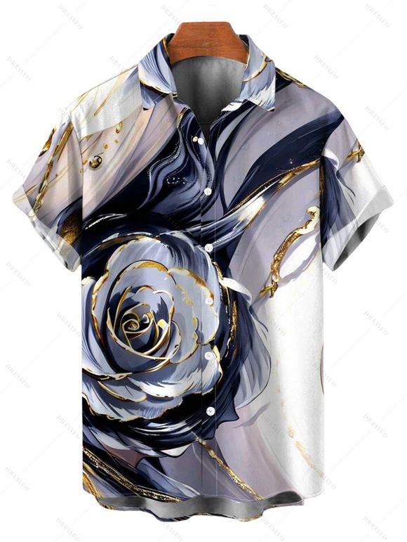 Vacation Couple Outfit Metallic Marble Fluid Rose Floral Print Spaghetti Strap Maxi Bodycon Dress and Shirt Set - Violet clair S | US 4