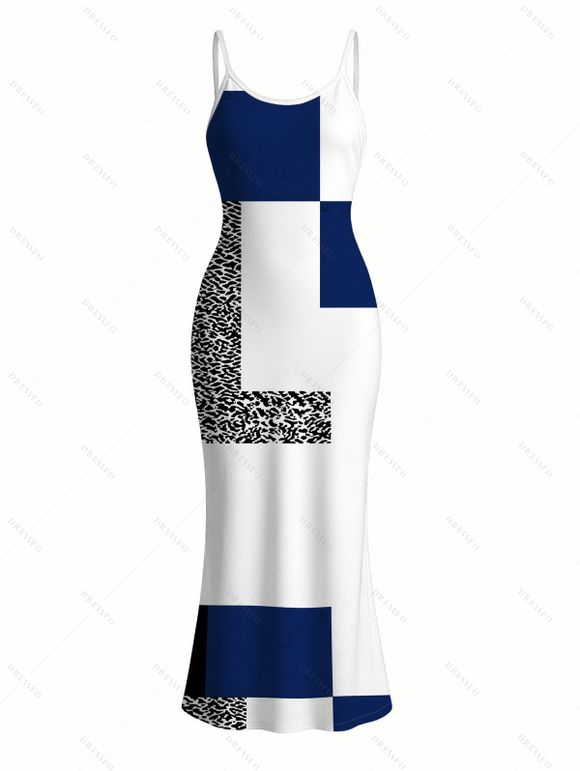 Vacation Couple Outfit Colorblock Leopard Geometric Patchwork Print Spaghetti Strap Maxi Bodycon Dress and Shirt Set - Bleu Marine S | US 4