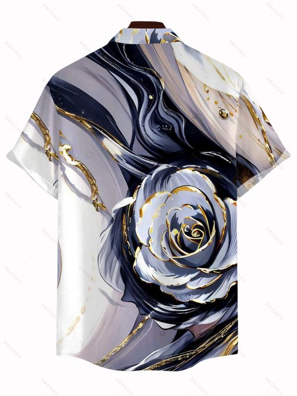 Vacation Couple Outfit Metallic Marble Fluid Rose Floral Print Spaghetti Strap Maxi Bodycon Dress and Shirt Set - Violet clair S | US 4