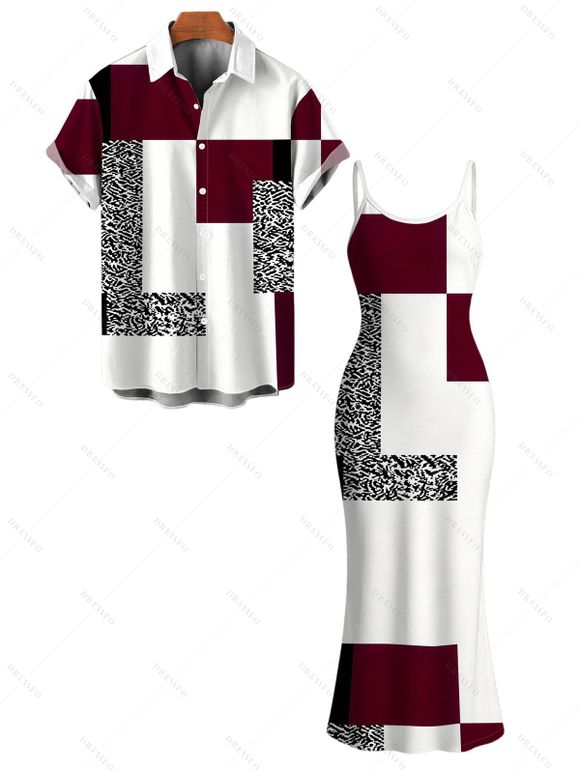 Vacation Couple Outfit Colorblock Leopard Geometric Patchwork Print Spaghetti Strap Maxi Bodycon Dress and Shirt Set - Rouge Vineux S | US 4