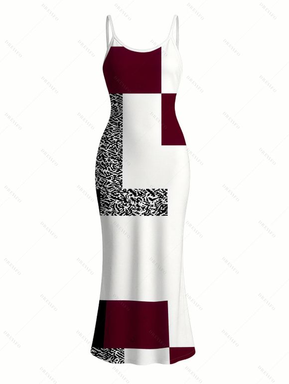 Vacation Couple Outfit Colorblock Leopard Geometric Patchwork Print Spaghetti Strap Maxi Bodycon Dress and Shirt Set - Rouge Vineux S | US 4