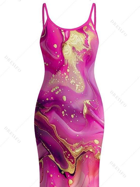 Hawaiian Vacation Dress Metallic Gold Marble Fluid Print Spaghetti Strap Maxi Bodycon Dress - Rose Vif XXL | US 14