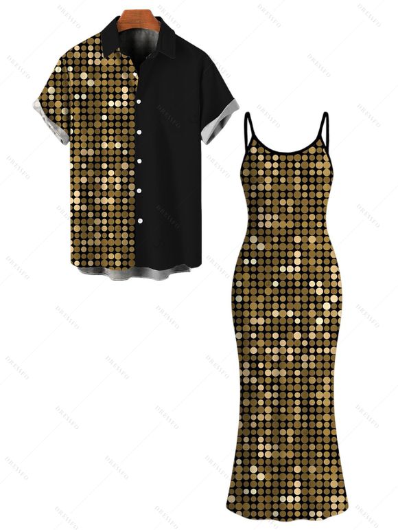 Vacation Hawaiian Couple Outfit Metallic Gold Dots Geometric Print Spaghetti Strap Maxi Bodycon Dress and Colorblock Shirt Set - Noir S | US 4