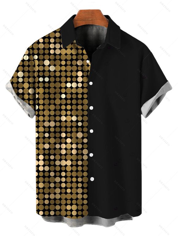 Vacation Hawaiian Couple Outfit Metallic Gold Dots Geometric Print Spaghetti Strap Maxi Bodycon Dress and Colorblock Shirt Set - Noir S | US 4