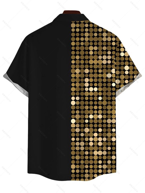 Vacation Hawaiian Couple Outfit Metallic Gold Dots Geometric Print Spaghetti Strap Maxi Bodycon Dress and Colorblock Shirt Set - Noir S | US 4