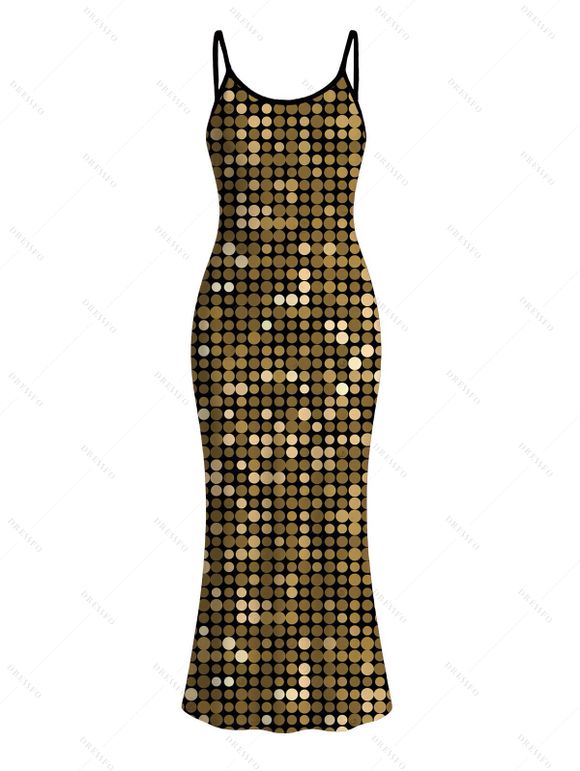 Vacation Hawaiian Couple Outfit Metallic Gold Dots Geometric Print Spaghetti Strap Maxi Bodycon Dress and Colorblock Shirt Set - Noir S | US 4