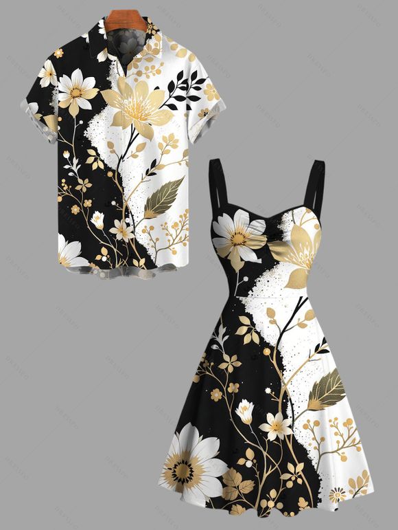 Vacation Couple Outfit Contrast Color Floral Leaf Print Ruched Bust Mini Dress and Shirt Set - Noir S | US 4