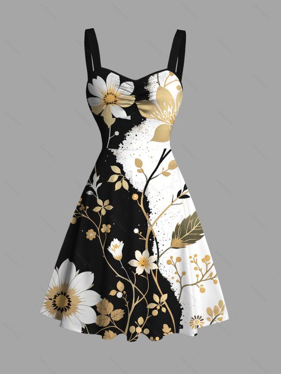 Vacation Couple Outfit Contrast Color Floral Leaf Print Ruched Bust Mini Dress and Shirt Set - Noir S | US 4