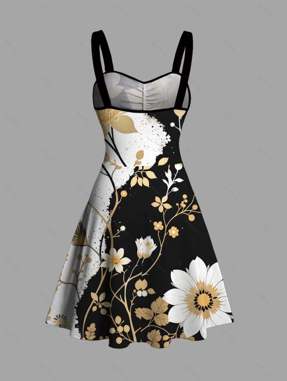 Vacation Couple Outfit Contrast Color Floral Leaf Print Ruched Bust Mini Dress and Shirt Set - Noir S | US 4