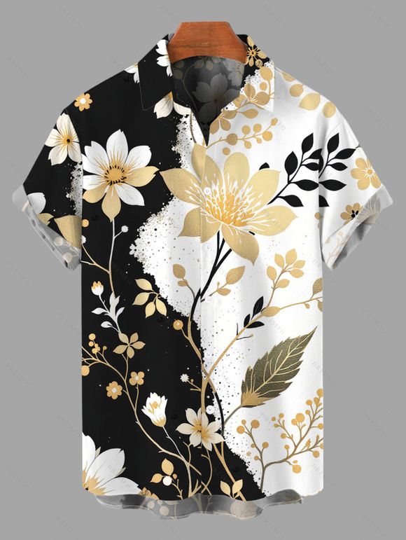 Vacation Couple Outfit Contrast Color Floral Leaf Print Ruched Bust Mini Dress and Shirt Set - Noir S | US 4