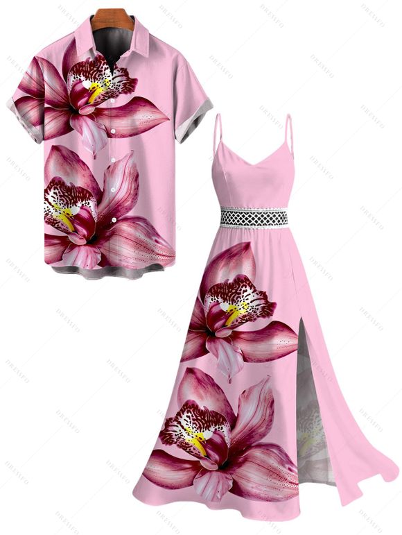 Vacation Couple Outfit Orchid Floral Print Lace Hollow Out Spaghetti Strap Slit Dress and Shirt Set - Rose S | US 4