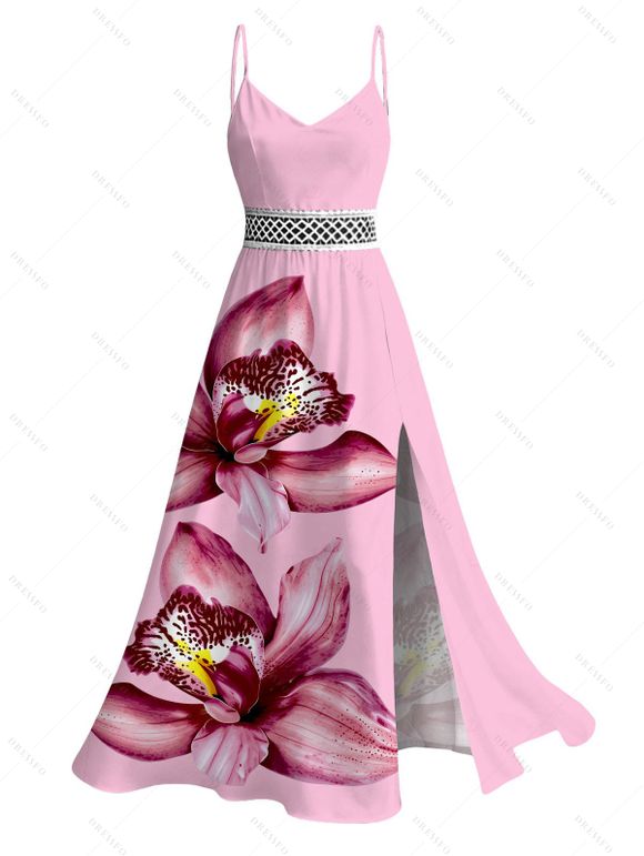 Vacation Couple Outfit Orchid Floral Print Lace Hollow Out Spaghetti Strap Slit Dress and Shirt Set - Rose S | US 4