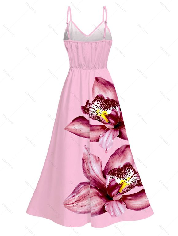 Vacation Couple Outfit Orchid Floral Print Lace Hollow Out Spaghetti Strap Slit Dress and Shirt Set - Rose S | US 4