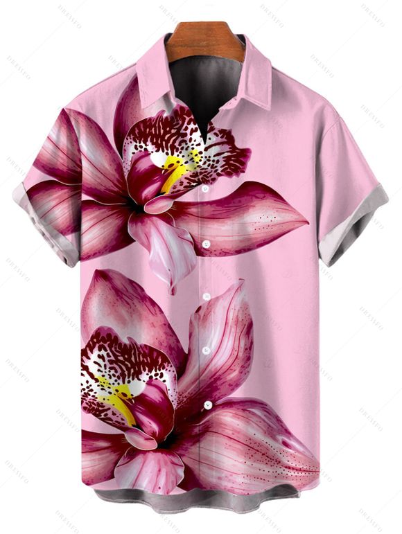 Vacation Couple Outfit Orchid Floral Print Lace Hollow Out Spaghetti Strap Slit Dress and Shirt Set - Rose S | US 4