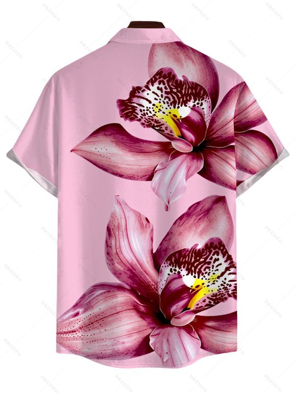 Vacation Couple Outfit Orchid Floral Print Lace Hollow Out Spaghetti Strap Slit Dress and Shirt Set - Rose S | US 4