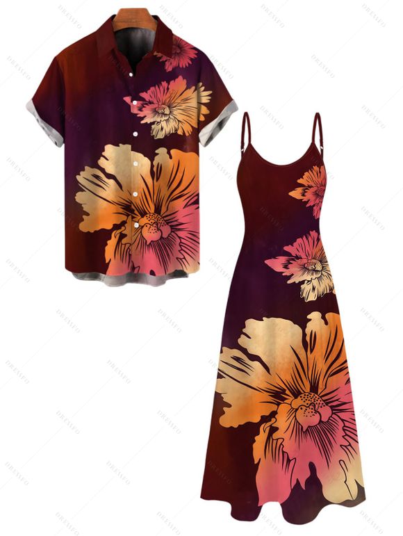 Vacation Couple Outfit Ombre Hibiscus Floral Print Pocket Spaghetti Strap Dress and Shirt Set - Rouge Vineux S | US 4