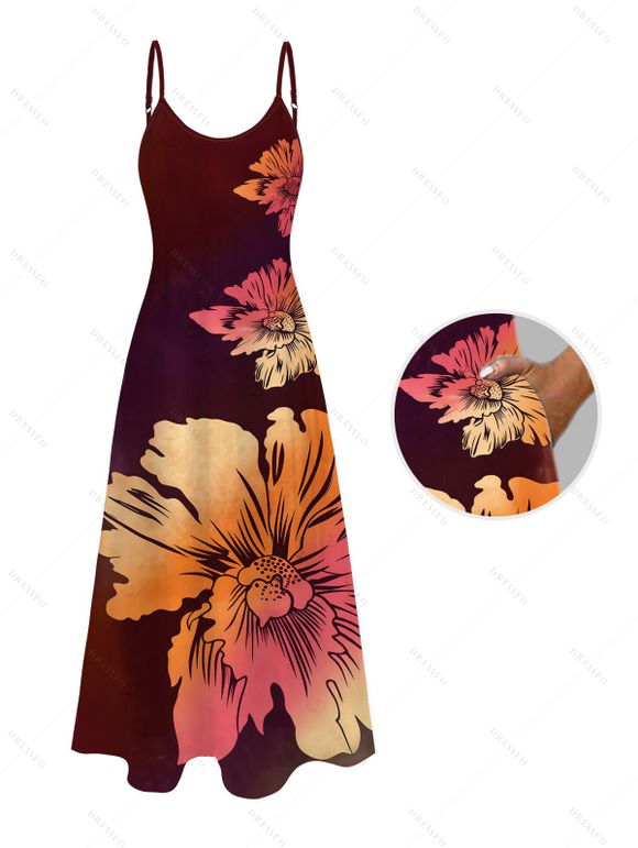Vacation Couple Outfit Ombre Hibiscus Floral Print Pocket Spaghetti Strap Dress and Shirt Set - Rouge Vineux S | US 4