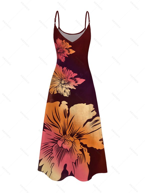 Vacation Couple Outfit Ombre Hibiscus Floral Print Pocket Spaghetti Strap Dress and Shirt Set - Rouge Vineux S | US 4