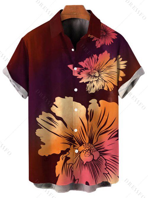 Vacation Couple Outfit Ombre Hibiscus Floral Print Pocket Spaghetti Strap Dress and Shirt Set - Rouge Vineux S | US 4
