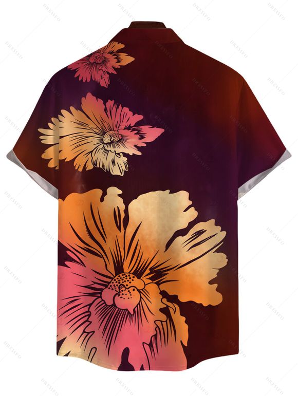 Vacation Couple Outfit Ombre Hibiscus Floral Print Pocket Spaghetti Strap Dress and Shirt Set - Rouge Vineux S | US 4