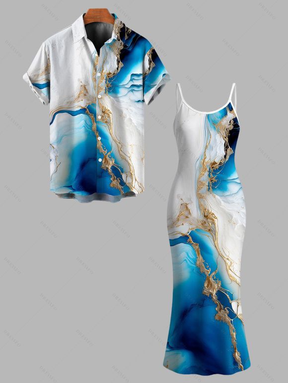 Hawaiian Vacation Couple Outfit Metallic Gold Marble Fluid Print Spaghetti Strap Maxi Bodycon Dress and Shirt Set - Pers S | US 4
