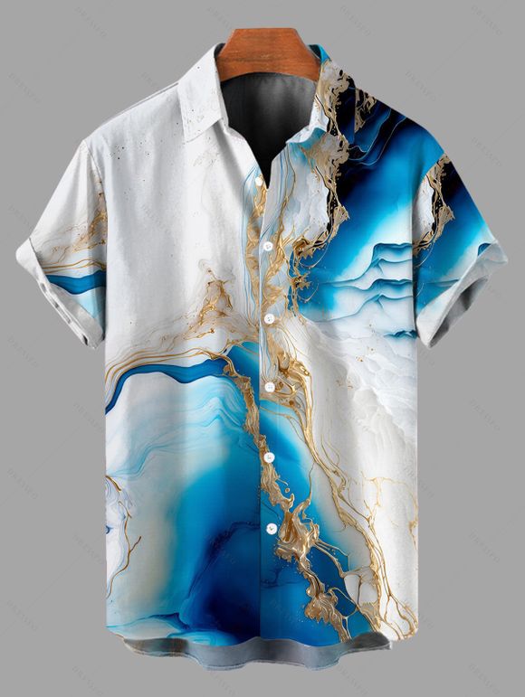 Hawaiian Vacation Couple Outfit Metallic Gold Marble Fluid Print Spaghetti Strap Maxi Bodycon Dress and Shirt Set - Pers S | US 4