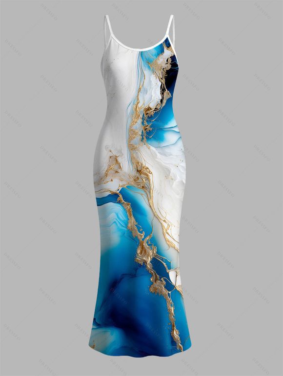 Hawaiian Vacation Couple Outfit Metallic Gold Marble Fluid Print Spaghetti Strap Maxi Bodycon Dress and Shirt Set - Pers S | US 4