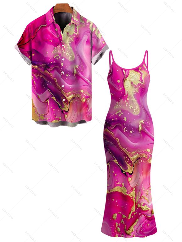 Hawaiian Vacation Couple Outfit Metallic Gold Marble Fluid Print Spaghetti Strap Maxi Bodycon Dress and Shirt Set - Rose Vif S | US 4