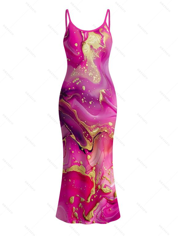 Hawaiian Vacation Couple Outfit Metallic Gold Marble Fluid Print Spaghetti Strap Maxi Bodycon Dress and Shirt Set - Rose Vif S | US 4