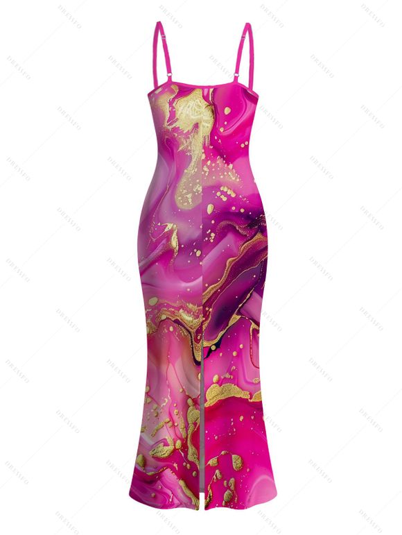 Hawaiian Vacation Couple Outfit Metallic Gold Marble Fluid Print Spaghetti Strap Maxi Bodycon Dress and Shirt Set - Rose Vif S | US 4