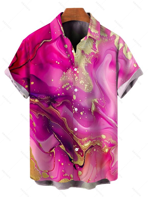 Hawaiian Vacation Couple Outfit Metallic Gold Marble Fluid Print Spaghetti Strap Maxi Bodycon Dress and Shirt Set - Rose Vif S | US 4