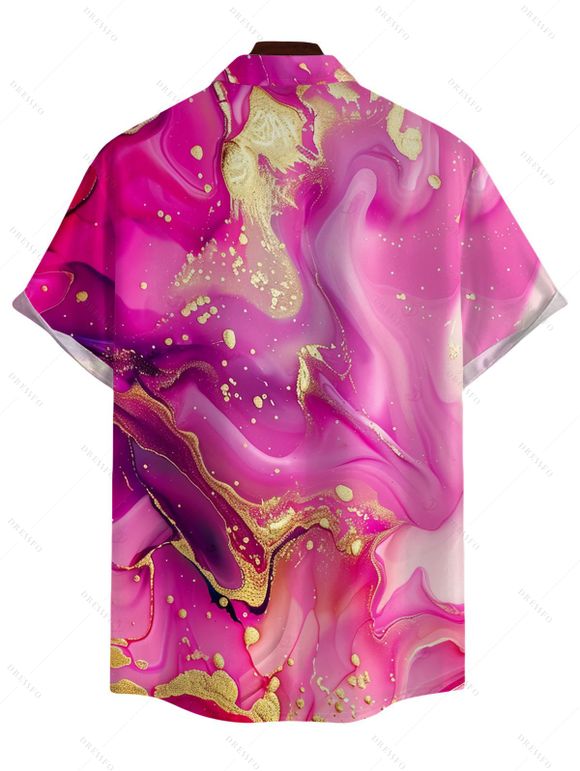 Hawaiian Vacation Couple Outfit Metallic Gold Marble Fluid Print Spaghetti Strap Maxi Bodycon Dress and Shirt Set - Rose Vif S | US 4