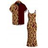 Vacation Couple Outfit Sequined Leopard Print Spaghetti Strap Maxi Bodycon Dress and Colorblock Shirt Set - Rouge Vineux S | US 4