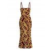 Vacation Couple Outfit Sequined Leopard Print Spaghetti Strap Maxi Bodycon Dress and Colorblock Shirt Set - Rouge Vineux S | US 4