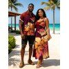 Vacation Couple Outfit Ombre Hibiscus Floral Print Pocket Spaghetti Strap Dress and Shirt Set - Rouge Vineux S | US 4