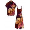 Vacation Couple Outfit Ombre Hibiscus Floral Print Pocket Spaghetti Strap Dress and Shirt Set - Rouge Vineux S | US 4