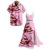 Vacation Couple Outfit Orchid Floral Print Lace Hollow Out Spaghetti Strap Slit Dress and Shirt Set - Rose S | US 4