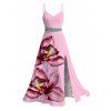Vacation Couple Outfit Orchid Floral Print Lace Hollow Out Spaghetti Strap Slit Dress and Shirt Set - Rose S | US 4