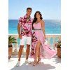 Vacation Couple Outfit Orchid Floral Print Lace Hollow Out Spaghetti Strap Slit Dress and Shirt Set - Rose S | US 4
