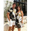 Vacation Couple Outfit Contrast Color Floral Leaf Print Ruched Bust Mini Dress and Shirt Set - Noir S | US 4