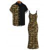 Vacation Hawaiian Couple Outfit Metallic Gold Dots Geometric Print Spaghetti Strap Maxi Bodycon Dress and Colorblock Shirt Set - Noir S | US 4