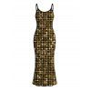 Vacation Hawaiian Couple Outfit Metallic Gold Dots Geometric Print Spaghetti Strap Maxi Bodycon Dress and Colorblock Shirt Set - Noir S | US 4